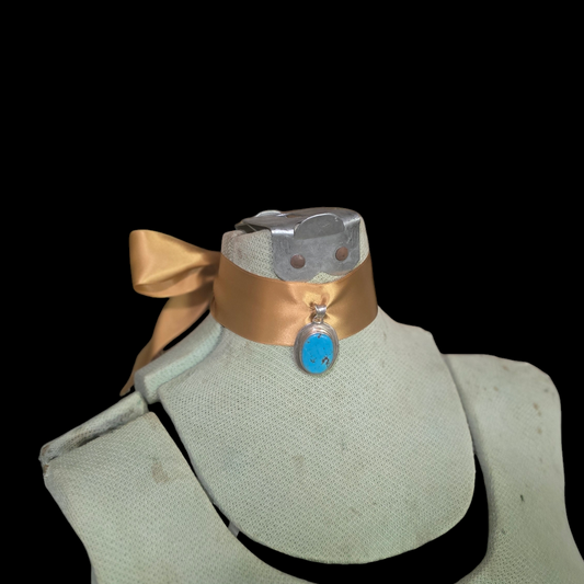 Victorian-Inspired Silk Ribbon Necklace with Turquoise Pendant